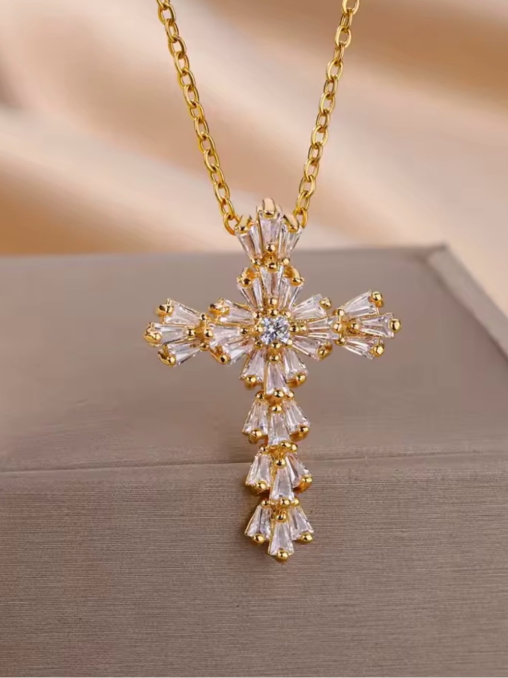 Gold Cross Pendant Necklace with Clear Crystal Accents - Picture 4 of 5